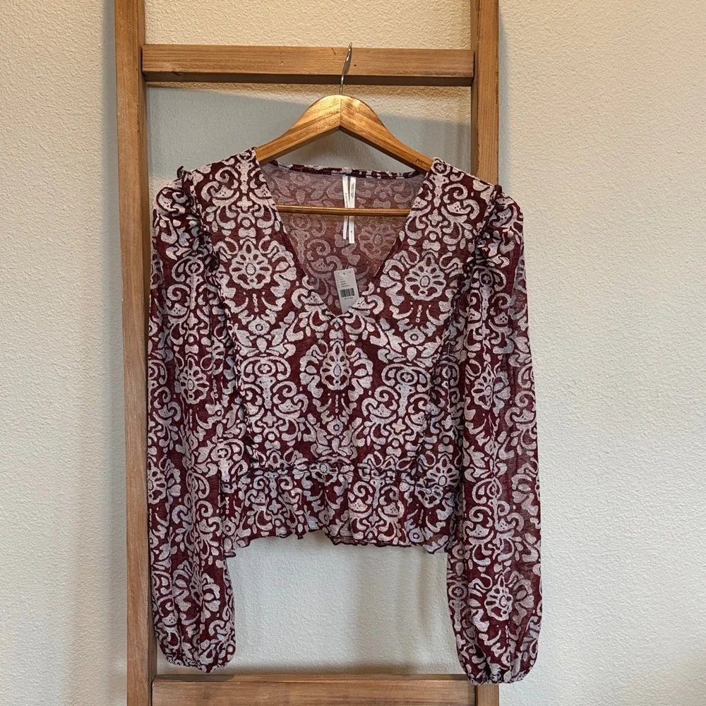 Anthropologie Burgundy and White Floral Print V-Neck Blouse